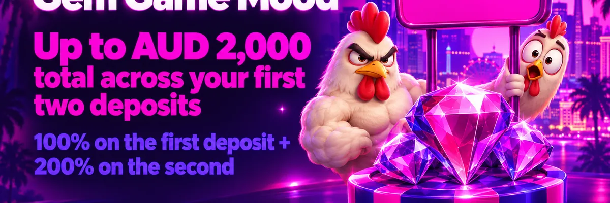 Muscular cartoon chicken presenting oversized faceted gems beside a glowing casino sign in brand pink and violet.